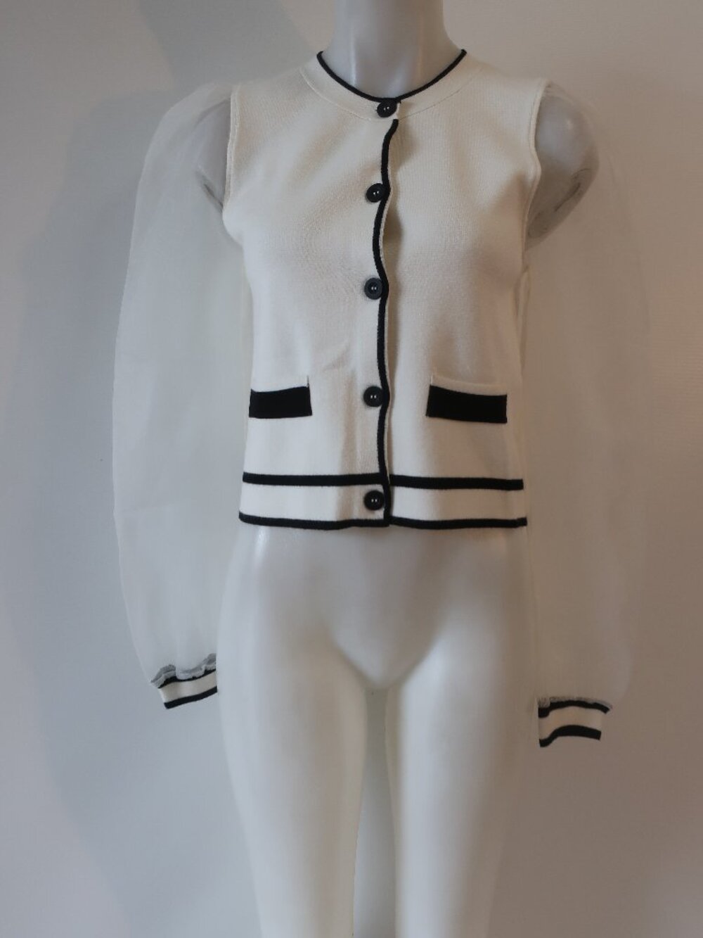 NWT Womens Maeve (Anthropologie) Cream/Black Cardigan Sweater W/Sheer Sleeve S